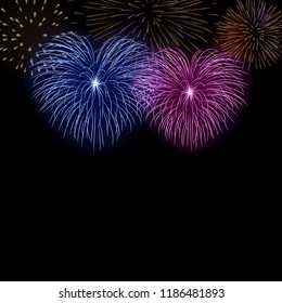 Beautiful heart-fireworks. Cute background card. Bright romantic couple fireworks isolated on black. Light love salute for Valentine Day celebration. Symbol of wedding. Vector illustration