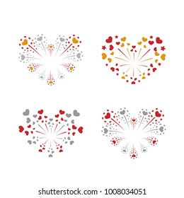 Beautiful heart-fireworks set. Bright romantic salute isolated on white background. Love decoration flat firework. Symbol of Valentine Day celebration, holiday, wedding Vector illustration