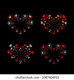 Beautiful heart-fireworks set. Bright romantic salute isolated on black background. Love decoration flat firework. Symbol of Valentine Day celebration, holiday, wedding Vector illustration