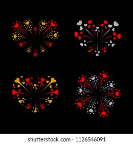 Beautiful heart-fireworks set. Bright romantic salute isolated on black background. Love decoration flat firework. Symbol of Valentine Day celebration, holiday, wedding Vector illustration