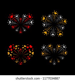 Beautiful heart-fireworks set. Bright romantic salute isolated on black background. Love decoration flat firework. Symbol of Valentine Day celebration, holiday, wedding Vector illustration