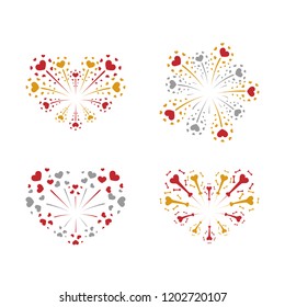 Beautiful heart-fireworks set. Bright romantic salute isolated on white background. Love decoration flat firework. Symbol of Valentine Day celebration, holiday, wedding Vector illustration