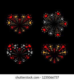 Beautiful heart-fireworks set. Bright romantic salute isolated on black background. Love decoration flat firework. Symbol of Valentine Day celebration, holiday, wedding Vector illustration