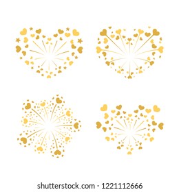 Beautiful heart-fireworks set. Gold romantic salute isolated on white background. Love decoration flat firework. Symbol of Valentine Day celebration, holiday, wedding Vector illustration