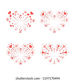 Beautiful heart-fireworks set. Red romantic salute isolated on white background. Love decoration flat firework. Symbol of Valentine Day celebration, holiday, wedding Vector illustration