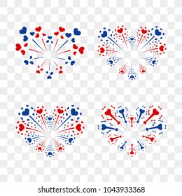 Beautiful heart-fireworks set. Romantic salute isolated on transparent background. Love decoration flat firework. Symbol of Valentine Day celebration, holiday, wedding Vector illustration