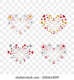 Beautiful heart-fireworks set. Romantic salute isolated on transparent background. Love decoration flat firework. Symbol of Valentine Day celebration, holiday, wedding Vector illustration