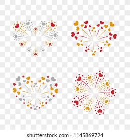 Beautiful heart-fireworks set. Romantic salute isolated on transparent background. Love decoration flat firework. Symbol of Valentine Day celebration, holiday, wedding Vector illustration