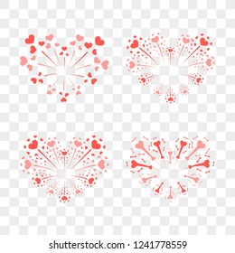 Beautiful heart-fireworks set. Romantic salute isolated on transparent background. Love decoration flat firework. Symbol of Valentine Day celebration, holiday, wedding Vector illustration