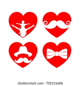Beautiful hearts for cards with a beard, mustaches, hats and sunglasses. Father's Day.