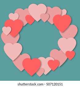 Beautiful hearts circle vector background or 3d card. Bright pink paper hearts template for banner, flyer, wedding, anniversary, birthday, Valentine's day, party, poster, card, invitation, brochure 