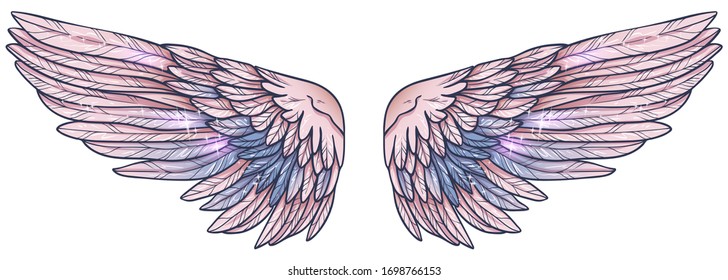 Beautiful heavenly angelic magic glowing glittery pink blue vector wings