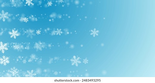 Beautiful heavy snow flakes pattern. Winter speck frozen elements. Snowfall weather white teal blue illustration. Fuzzy snowflakes january theme. Snow hurricane landscape.