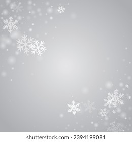 Beautiful heavy snowflakes pattern. Wintertime speck ice particles. Snowfall sky white gray background. Flat snowflakes february theme. Snow cold season landscape.