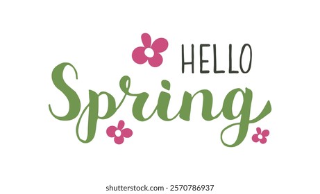 Beautiful Hello Spring hand drawn calligraphy lettering inscription. Handwriting words. Springtime vibes typography with flowers and white background