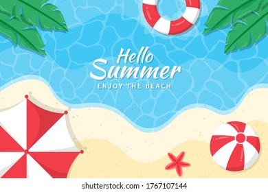 Beautiful Hello Summer background.  Summer background with umbrellas, beach balls, starfish and tropical leaves on the beach.