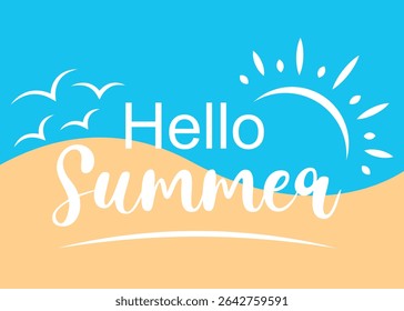 Beautiful hello summer banner. Colorful sand and sea hand drawn vector illustration.