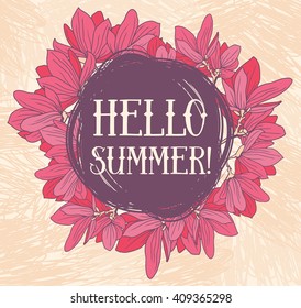 Beautiful "hello summer" card with frame formed from magnolia flowers, vector illustration