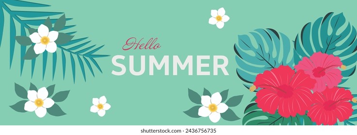 Beautiful Hello Summer card or horizontal poster for summer holidays with wildflowers, daisies, and leaf pattern. Hand drawn Floral art template for banner, posters decor and greetings