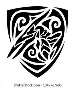 Beautiful heraldic tribal tattoo illustration with black pterodactyl head on the white background