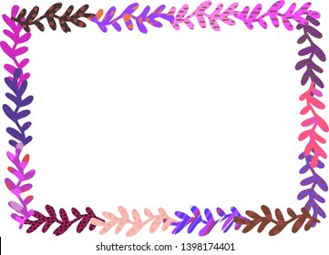 Beautiful herbal frame. Hand drawn textured illustration. Purple and pink colors. Blank
