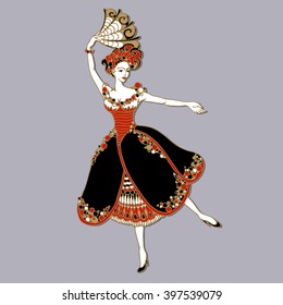 Beautiful heroine. Vector illustration of a beautiful dancer with long dress and fan with floral elements. Dancing girl ballerina isolated on grey background. Ballerina in dance. Design template