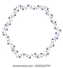 Beautiful Hexagonal Border Frame With Green Leaves And Love Purple Flowers