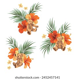 Beautiful hibiscus and cute bear illustration material,