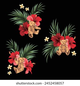 Beautiful hibiscus and cute bear illustration material,