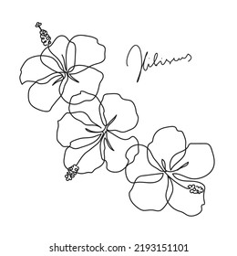 Beautiful hibiscus flower. Line art concept design. Continuous line drawing. Three blooming flowers. Vector illustration