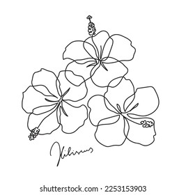 Beautiful hibiscus flower. Line art concept design. Continuous line drawing. Three blooming flowers. Vector illustration