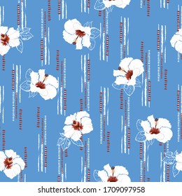 Beautiful hibiscus flower with white brush and red dots line seamless pattern in summer mood in vector EPS10 ,Design for fashion,fabric,web,wallaper,wrapping and all prints on fresh blue background 