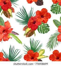 Beautiful hibiscus flowers and tropical leaves. Vector seamless pattern.