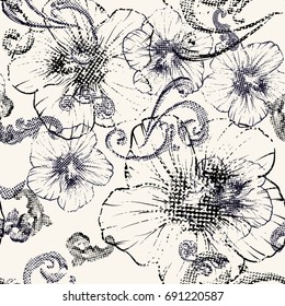 Beautiful hibiscus pattern with abstract flowers. Black and white spotted vector illustration background