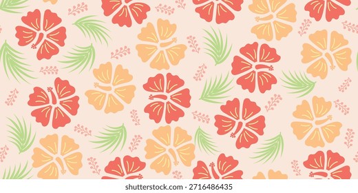schönes Hibiskusmuster. Botanisches Palmenblumenmotiv, Hibiskusblütendesign. Sommerliche Stoffmuster für Hawaiihemden. Botanische Motive Niedliches florales Hibiskusdesign. bunter Stoff.