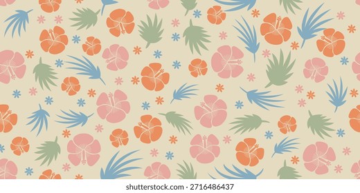 schönes Hibiskusmuster. Botanisches Palmenblumenmotiv, Hibiskusblütendesign. Sommerliche Stoffmuster für Hawaiihemden. Botanische Motive Niedliches florales Hibiskusdesign. bunter Stoff.