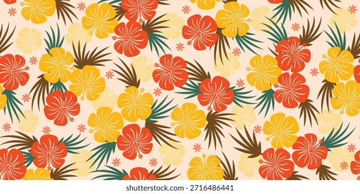 lindo padrão de hibisco. Motivo floral de palmeira botânica, desenho de flores de Hibiscus. Padrões de tecido de verão para camisas havaianas. motivos botânicos Design de hibisco floral bonito. tecido colorido.