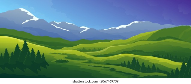 Beautiful high hills on mountains widescreen background. Spring horizontal nature landscape.