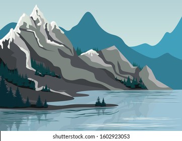 Beautiful high mountain landscape exciting view graphic design. Great nature scenery cliff covered by trees surrounded by clear lake water vector flat illustration