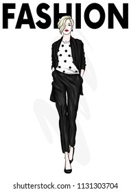 Beautiful high in pants and a cardigan. Stylish clothes and accessories. Fashionable woman. Vector illustration. Fashion & Style. Fashion look.