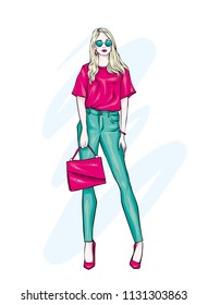 Beautiful high in pants, glasses and a shirt. Stylish clothes and accessories. Fashionable woman. Vector illustration. Fashion & Style. Fashion look.