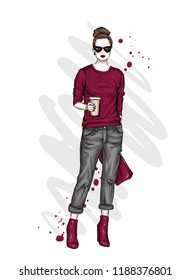 Beautiful high in pants, glasses and a sweatshirt. Stylish clothes and accessories. Fashionable woman. Vector illustration. Fashion & Style. Fashion look.
