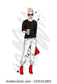 Beautiful high in pants, glasses and a sweatshirt. Stylish clothes and accessories. Fashionable woman. Vector illustration. Fashion & Style. Fashion look.
