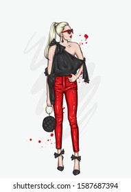 Beautiful high in pants and a shirt. Stylish clothes and accessories. Fashionable woman. Vector illustration. Fashion & Style. Fashion look. 