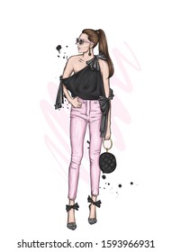 Beautiful high in pants and a shirt. Stylish clothes and accessories. Fashionable woman. Vector illustration. Fashion & Style. Fashion look. 