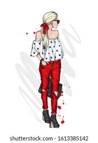 Beautiful high in pants and a shirt. Stylish clothes and accessories. Fashionable woman. Vector illustration. Fashion & Style. Fashion look. 