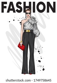 Beautiful high in pants and a shirt. Stylish clothes and accessories. Fashionable woman. Vector illustration. Fashion & Style. Fashion look. 