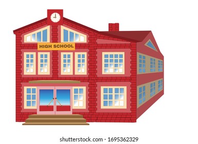 Beautiful high school building in realistic style. With large doors and a clock in the top. House faced is decorated in old style with bricks. Vector illustration isolated on white background.