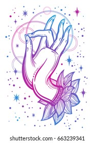 Beautiful high-detailed Buddha`s hand illustration. Religious vector artwork in linear style isolated. Tattoo, spiritually, yoga, meditation, textile, prints, posters, t-shirts