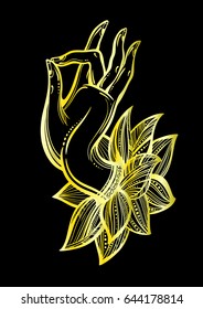 Beautiful high-detailed golden Buddha`s hand illustration. Engraved vector art isolated. Tattoo, spiritually, yoga, meditation, textile